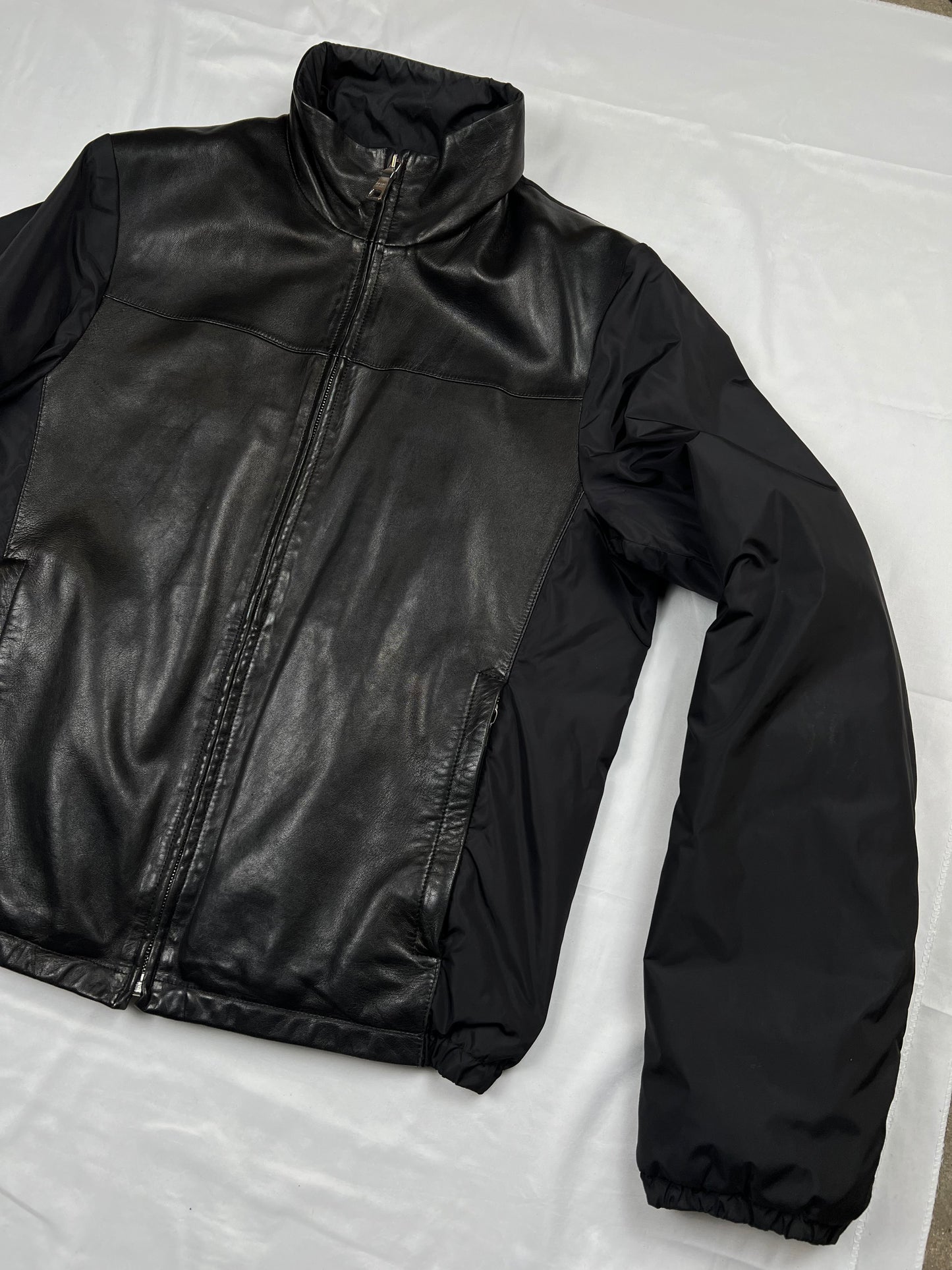 Prada Black Leather Nylon Jacket (L)
